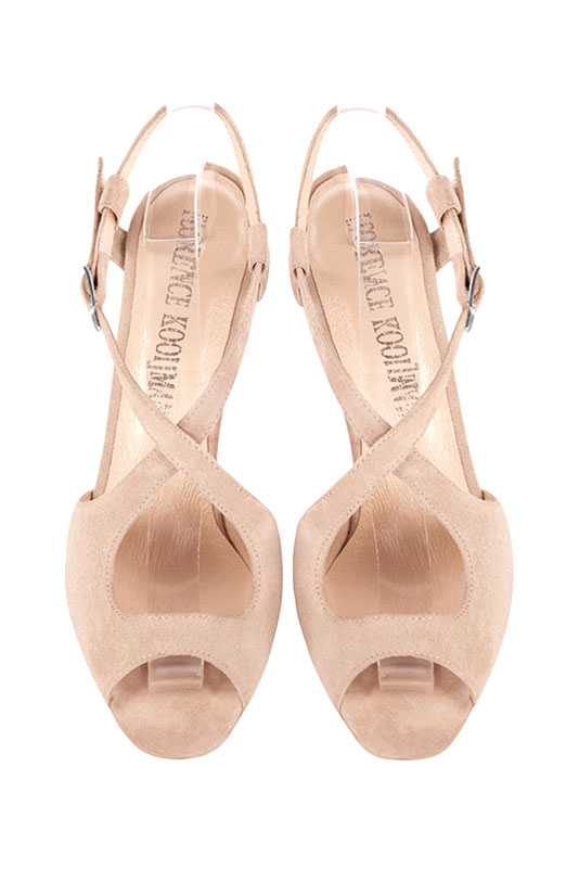 Powder pink women's open back sandals, with crossed straps. Round toe. High slim heel. Top view - Florence KOOIJMAN